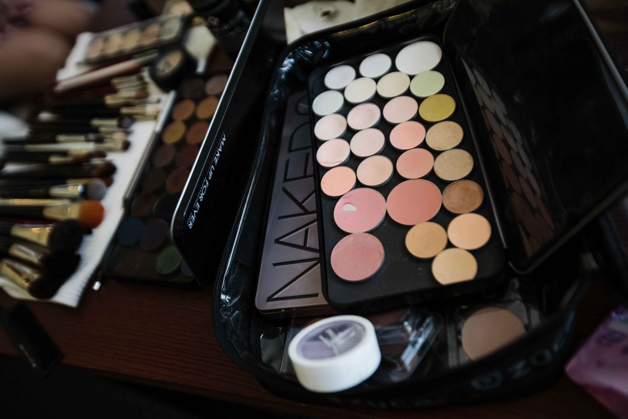 Assorted makeup palette and brushes set, perfect for professional or personal use.